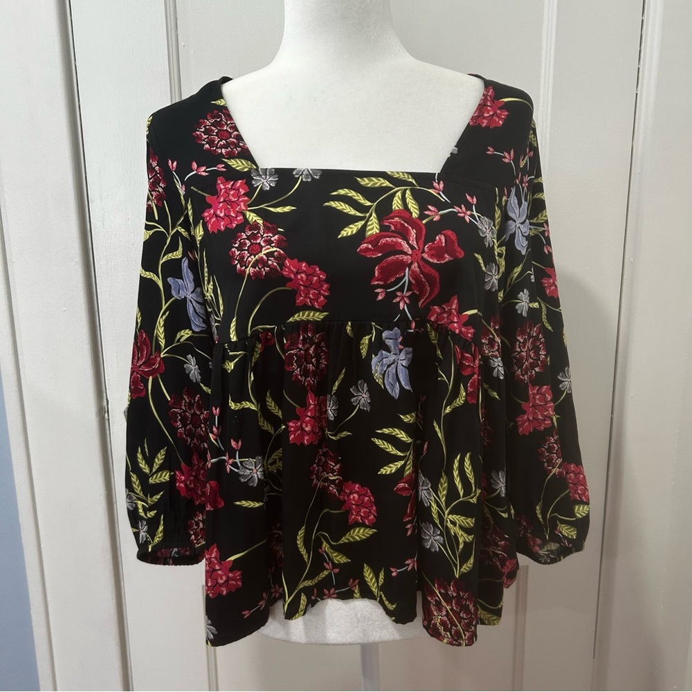 Left Coast Dolan babydoll top Black Floral Square neck womens Size Small boho - Picture 4 of 16